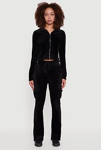 Womens Velour Cropped Zip Front Hooded Track Jacket, Black, Size XL