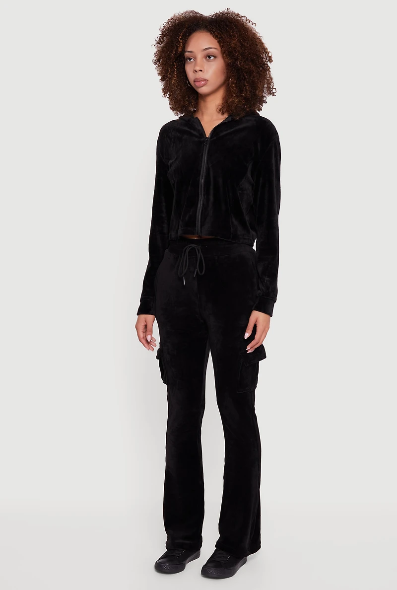 Womens Velour Cropped Zip Front Hooded Track Jacket, Black, Size XL