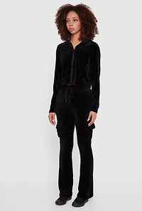 Womens Velour Cropped Zip Front Hooded Track Jacket, Black, Size XL
