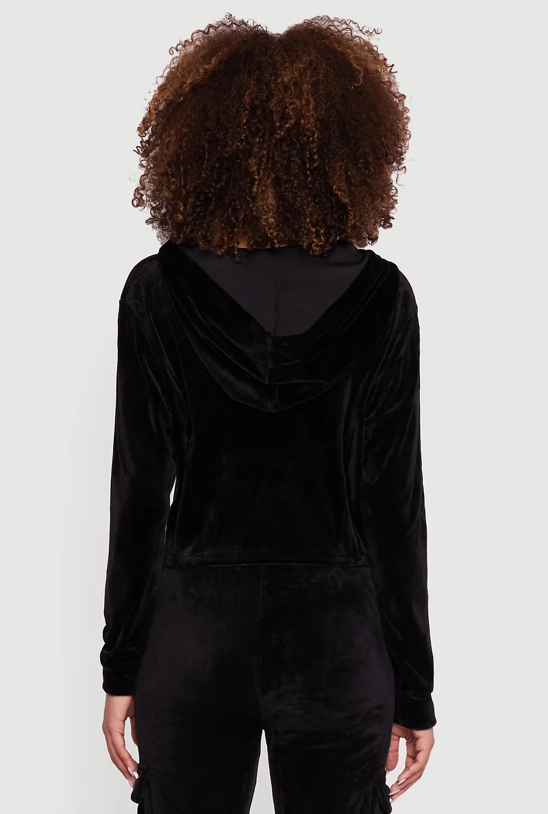 Womens Velour Cropped Zip Front Hooded Track Jacket, Black, Size XL