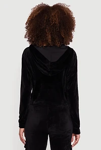 Womens Velour Cropped Zip Front Hooded Track Jacket, Black, Size XL