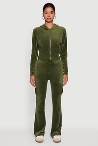 Womens Velour Cropped Zip Front Hooded Track Jacket, Green, Size S