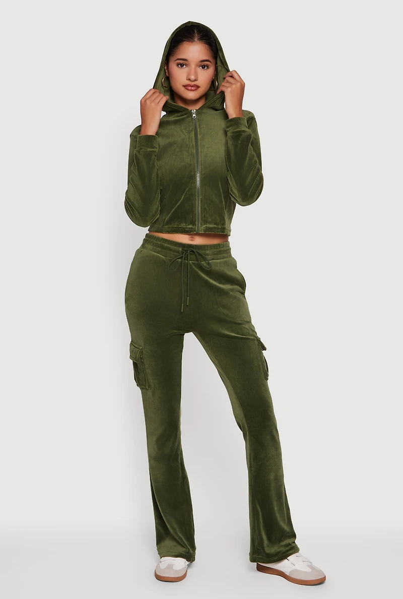 Womens Velour Cropped Zip Front Hooded Track Jacket, Green, Size S