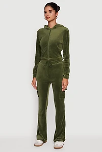 Womens Velour Cropped Zip Front Hooded Track Jacket, Green, Size S