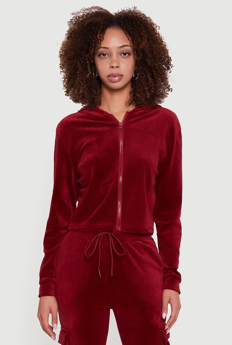 Womens Velour Cropped Zip Front Hooded Track Jacket, Burgundy, Size L