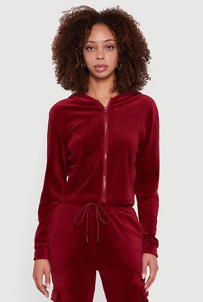 Womens Velour Cropped Zip Front Hooded Track Jacket, Burgundy, Size L
