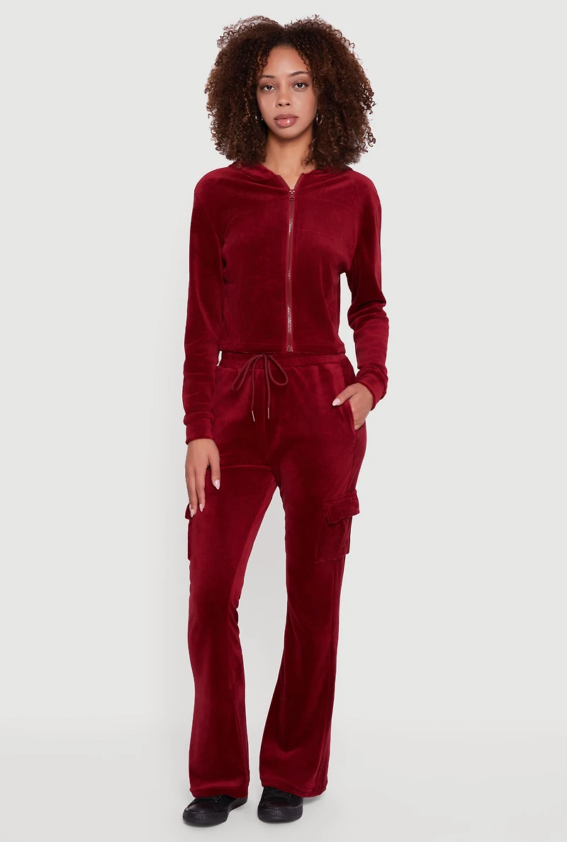 Womens Velour Cropped Zip Front Hooded Track Jacket, Burgundy, Size M
