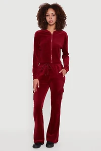 Womens Velour Cropped Zip Front Hooded Track Jacket,