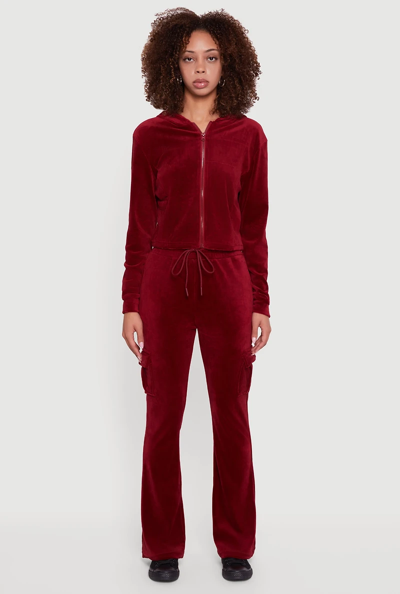 Womens Velour Cropped Zip Front Hooded Track Jacket,