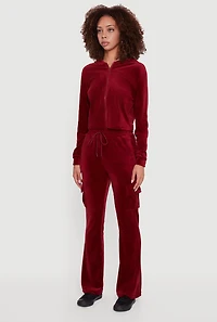 Womens Velour Cropped Zip Front Hooded Track Jacket, Burgundy, Size M