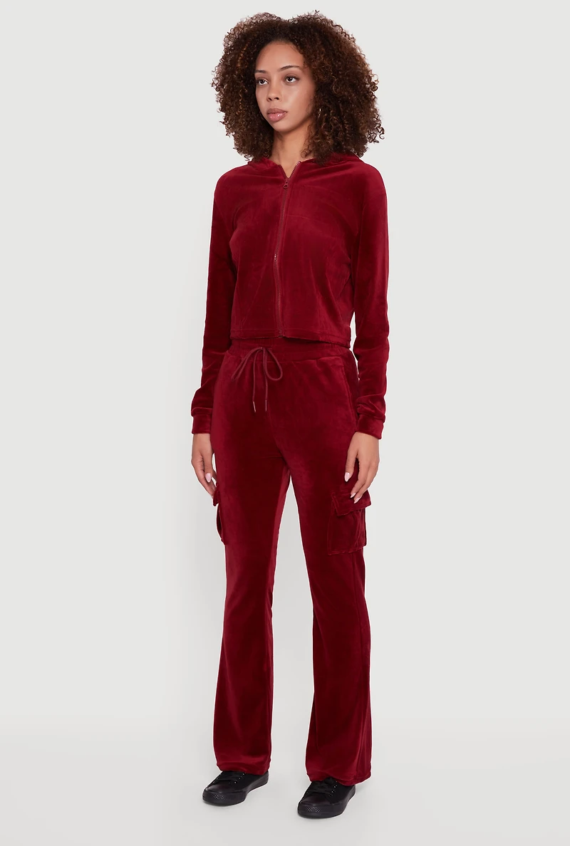 Womens Velour Cropped Zip Front Hooded Track Jacket, M