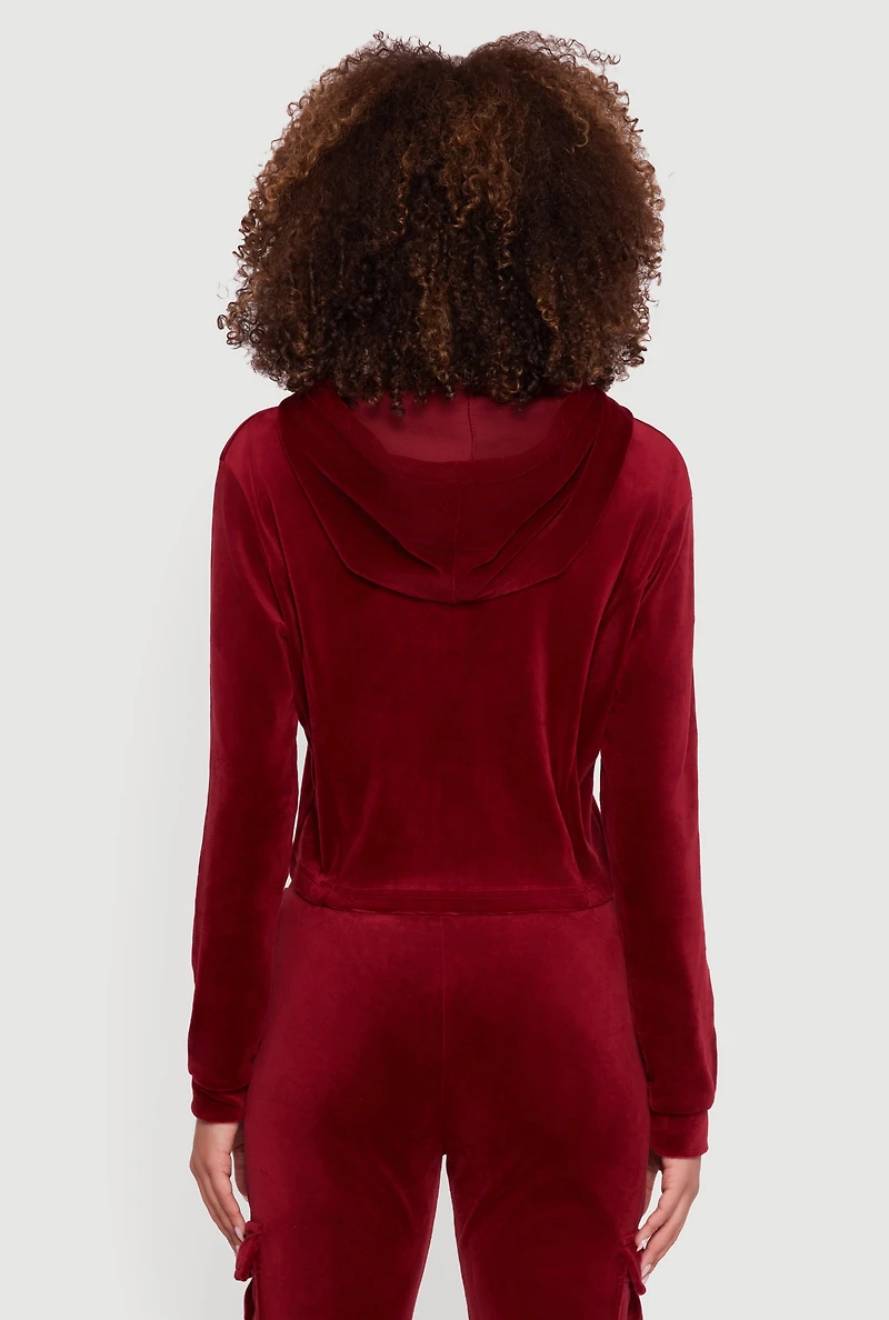 Womens Velour Cropped Zip Front Hooded Track Jacket, M