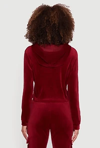 Womens Velour Cropped Zip Front Hooded Track Jacket, M