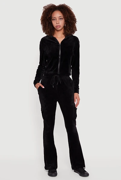Womens Velour Bootcut Pants with Cargo Pockets, Black, Size M