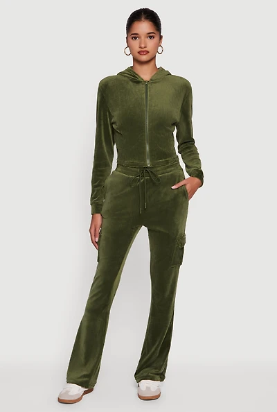 Womens Velour Bootcut Pants with Cargo Pockets, Green, Size L
