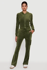 Womens Velour Bootcut Pants with Cargo Pockets, Green, Size L