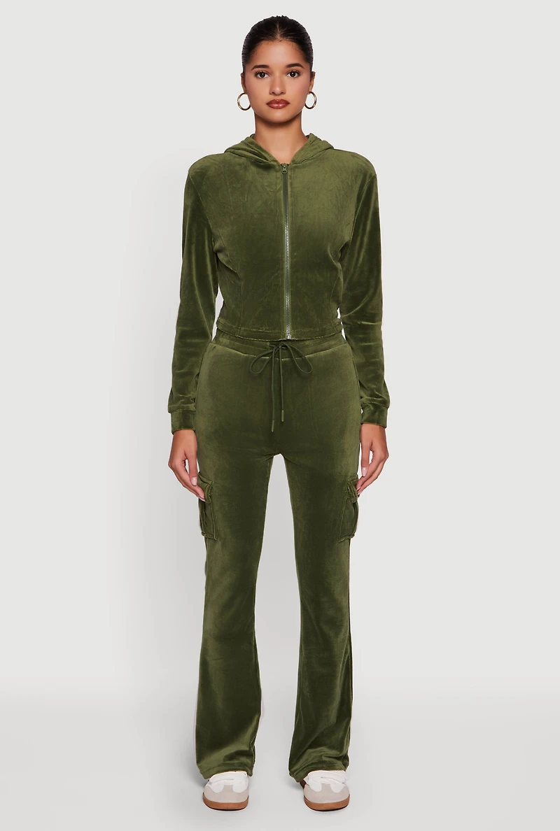 Womens Velour Bootcut Pants with Cargo Pockets, Green, Size L
