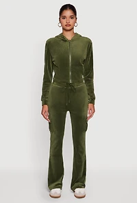 Womens Velour Bootcut Pants with Cargo Pockets, Green, Size L