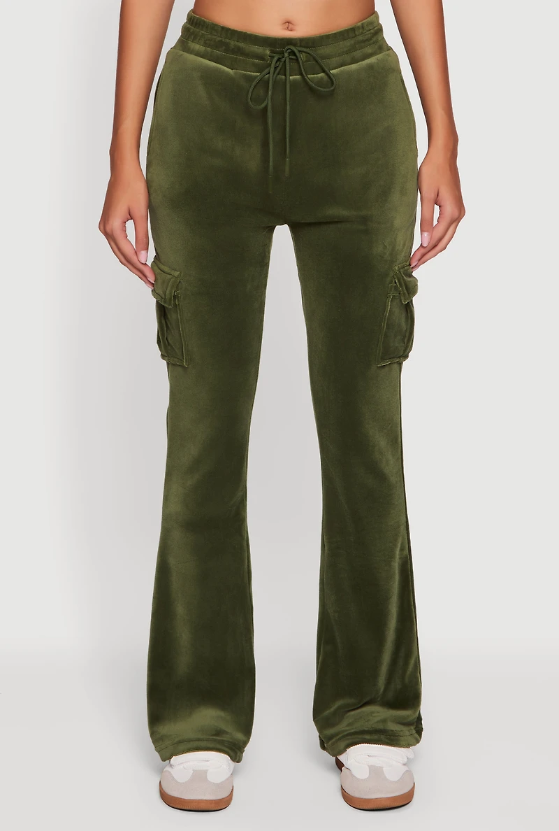 Womens Velour Bootcut Pants with Cargo Pockets, Green, Size L