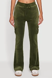 Womens Velour Bootcut Pants with Cargo Pockets, Green, Size L