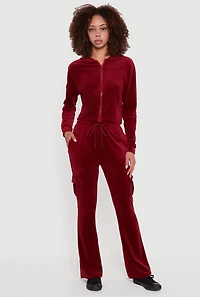 Womens Velour Bootcut Pants with Cargo Pockets, Burgundy, Size M