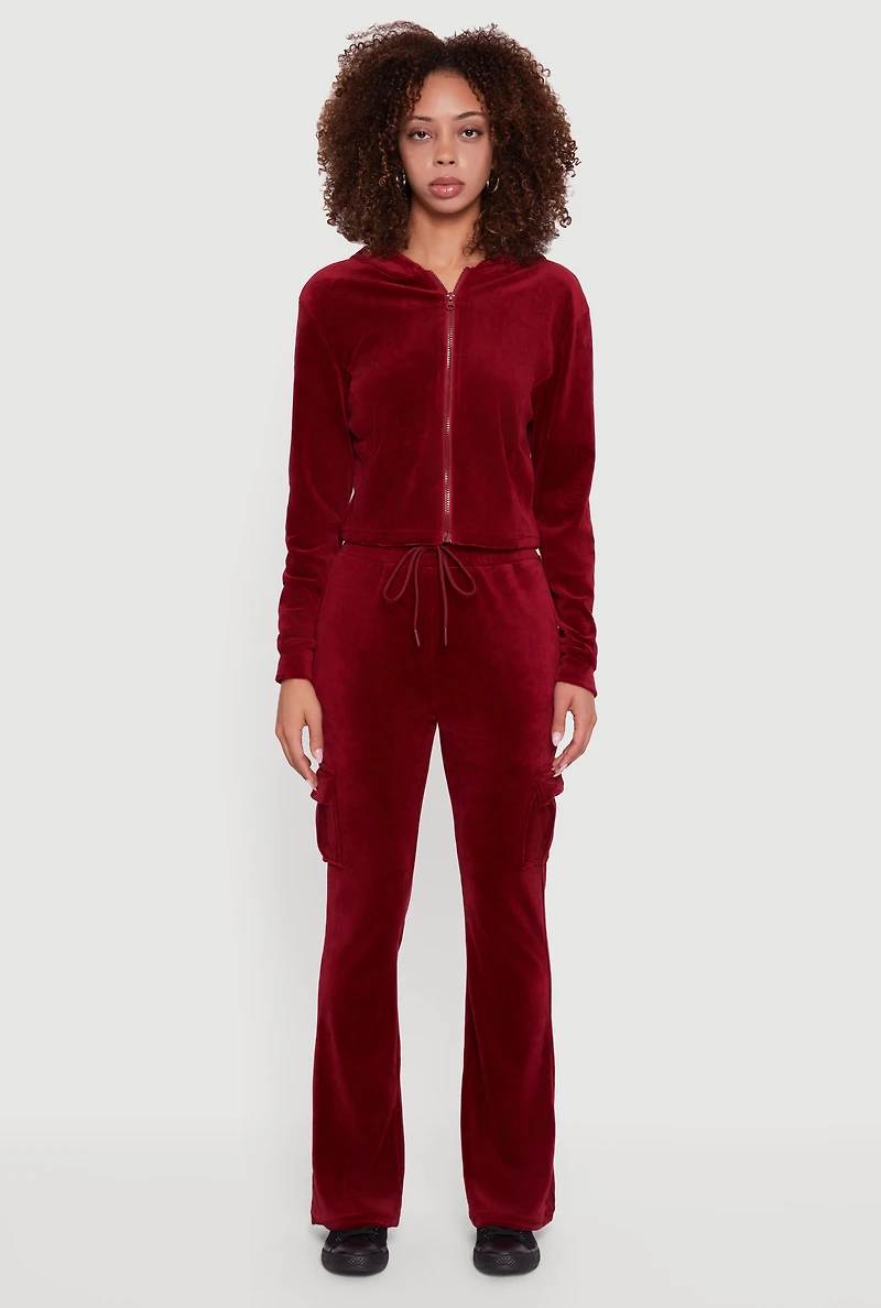 Womens Velour Bootcut Pants with Cargo Pockets, Burgundy, Size M