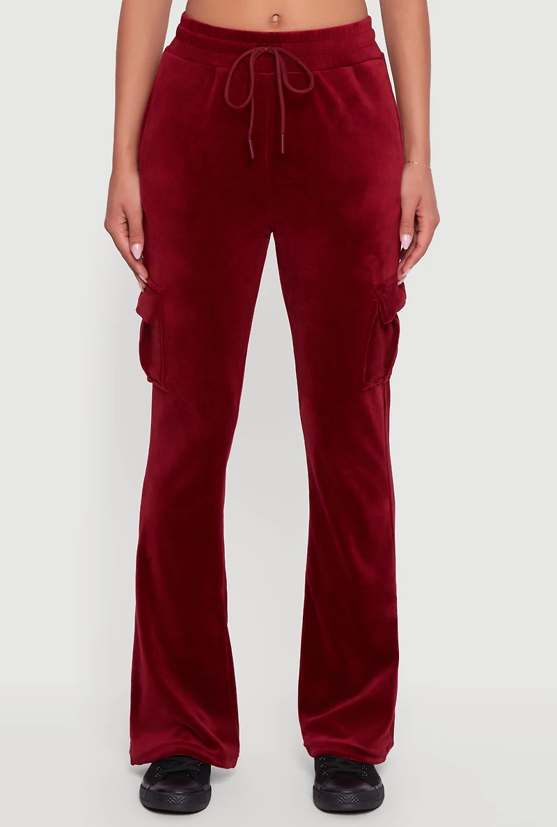 Womens Velour Bootcut Pants with Cargo Pockets, Burgundy, Size M