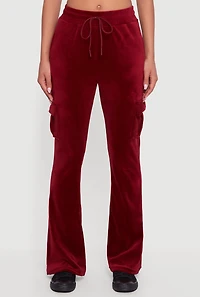 Womens Velour Bootcut Pants with Cargo Pockets, Burgundy, Size M