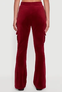 Womens Velour Bootcut Pants with Cargo Pockets, Burgundy, Size M