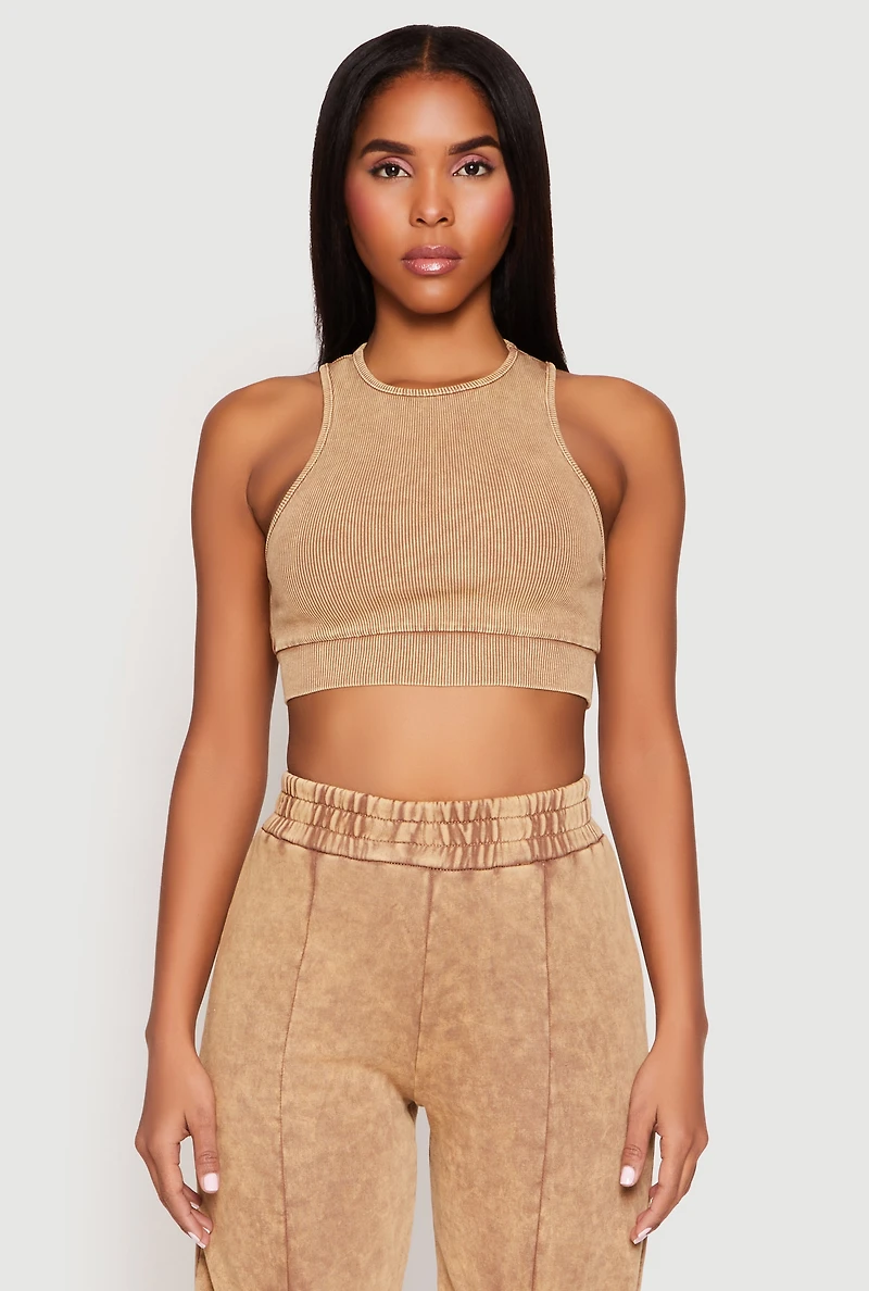 Womens Ribbed Knit Acid Wash Racerback Crop Top, L