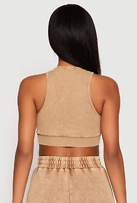 Womens Ribbed Knit Acid Wash Racerback Crop Top, L