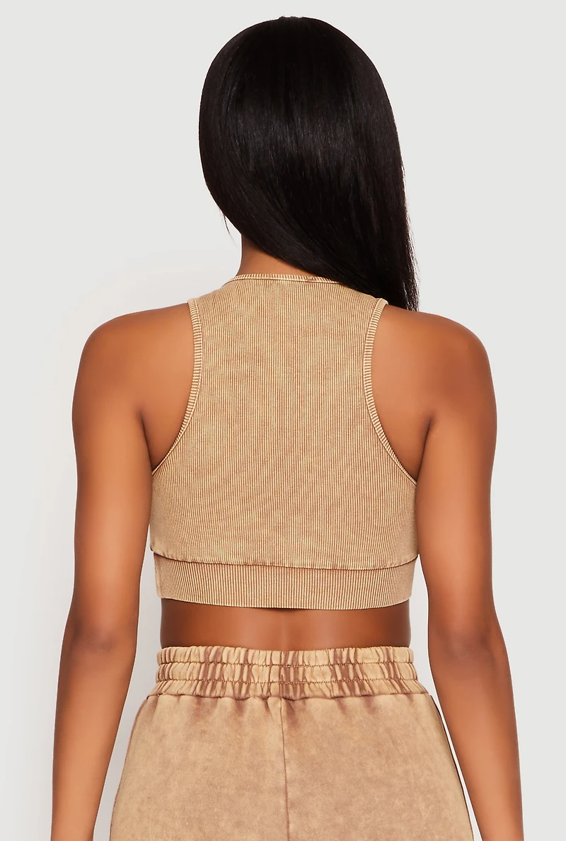 Womens Ribbed Knit Acid Wash Racerback Crop Top, Brown, Size M