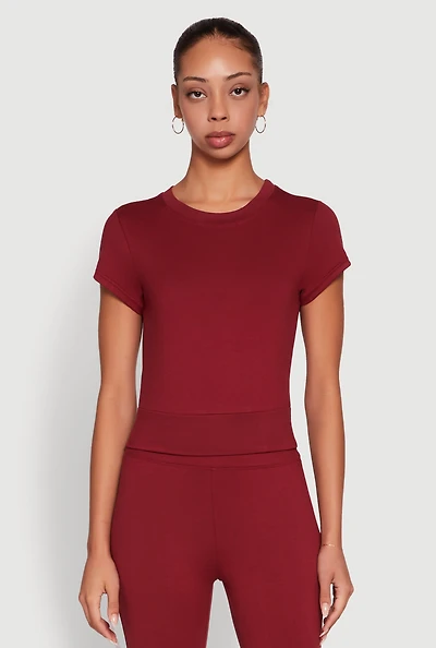 Womens Solid Short Sleeve Active Top, Burgundy, Size S