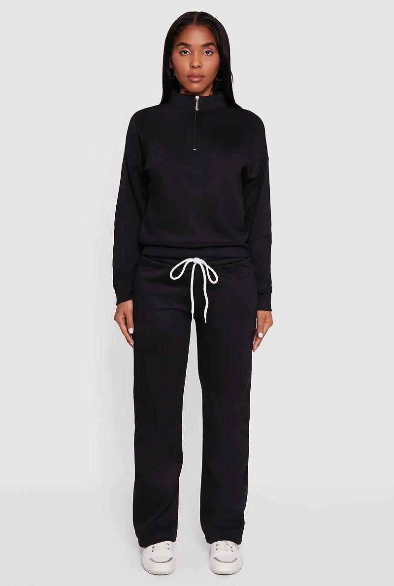 Womens Half Zip Front Fleece Lined Drop Shoulder Sweatshirt, Black, Size S