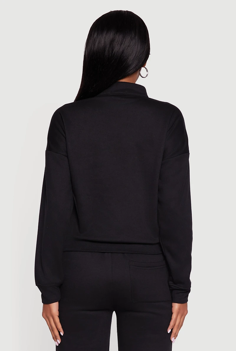 Womens Half Zip Front Fleece Lined Drop Shoulder Sweatshirt, Black, Size S