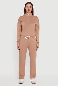 Womens Half Zip Front Fleece Lined Drop Shoulder Sweatshirt, Beige,