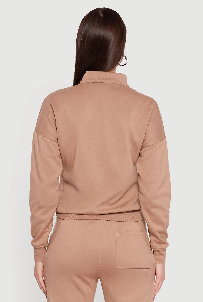 Womens Half Zip Front Fleece Lined Drop Shoulder Sweatshirt, Beige,