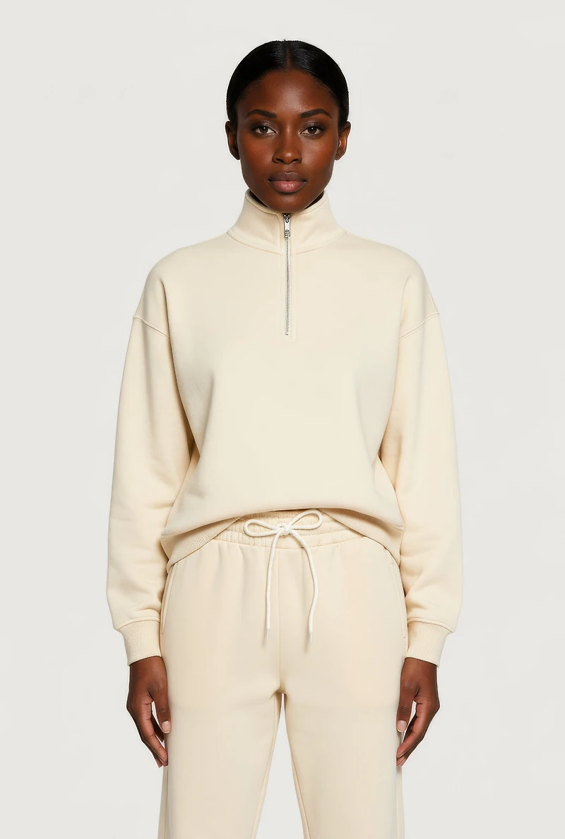 Womens Half Zip Front Fleece Lined Drop Shoulder Sweatshirt, Beige, Size M