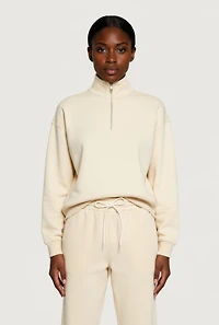 Womens Half Zip Front Fleece Lined Drop Shoulder Sweatshirt, Beige, Size M