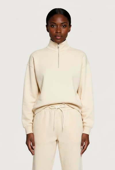 Womens Half Zip Front Fleece Lined Drop Shoulder Sweatshirt,