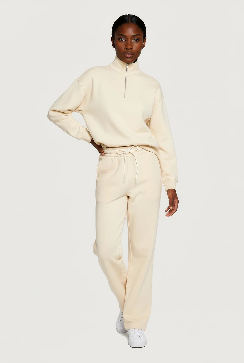 Womens Half Zip Front Fleece Lined Drop Shoulder Sweatshirt, Beige, Size M