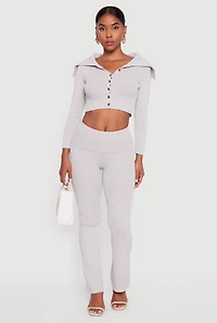 Womens Fold Over Collar Ribbed Knit Button Front Sweater, Grey,