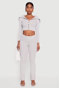 Womens Fold Over Collar Ribbed Knit Button Front Sweater, Grey,