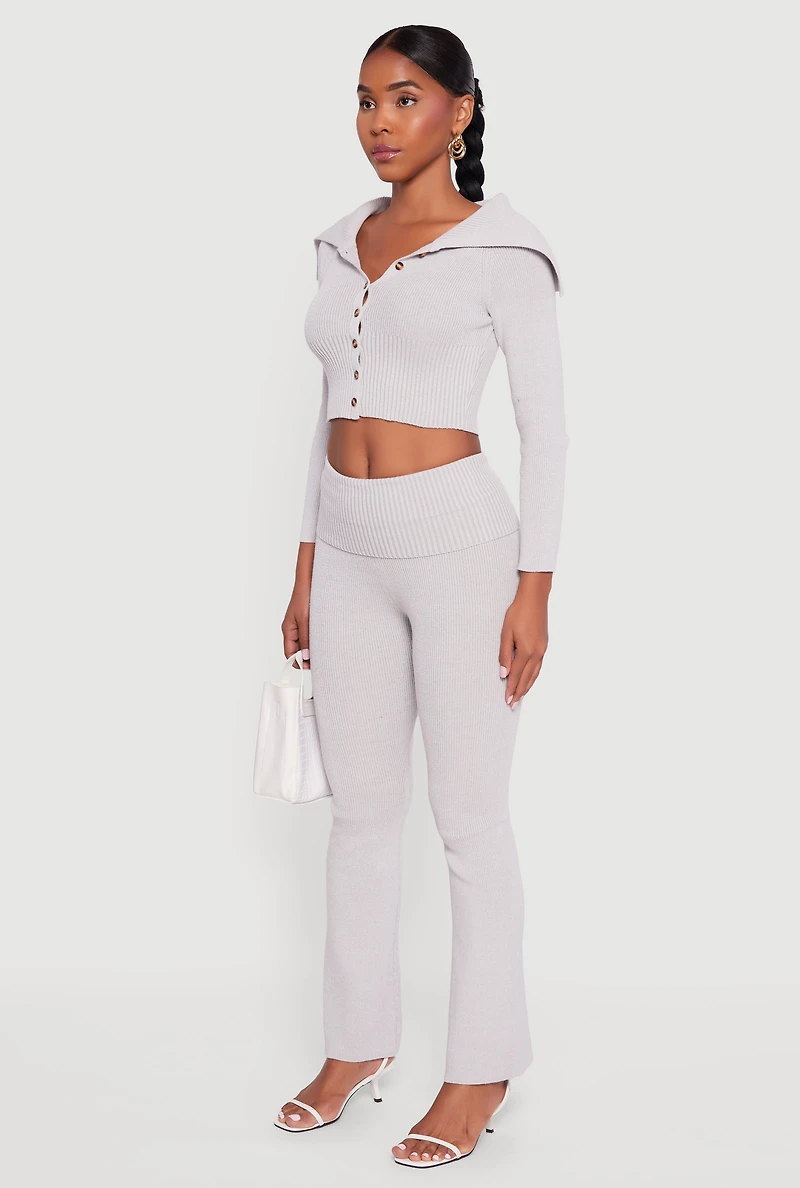 Womens Fold Over Collar Ribbed Knit Button Front Sweater, Grey,