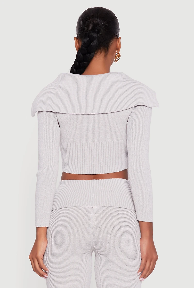 Womens Fold Over Collar Ribbed Knit Button Front Sweater, Grey,