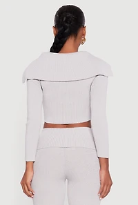 Womens Fold Over Collar Ribbed Knit Button Front Sweater, Grey,