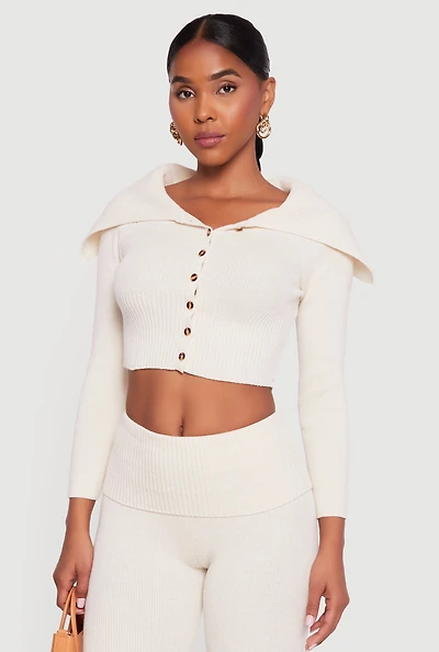 Womens Fold Over Collar Ribbed Knit Button Front Sweater, Beige,