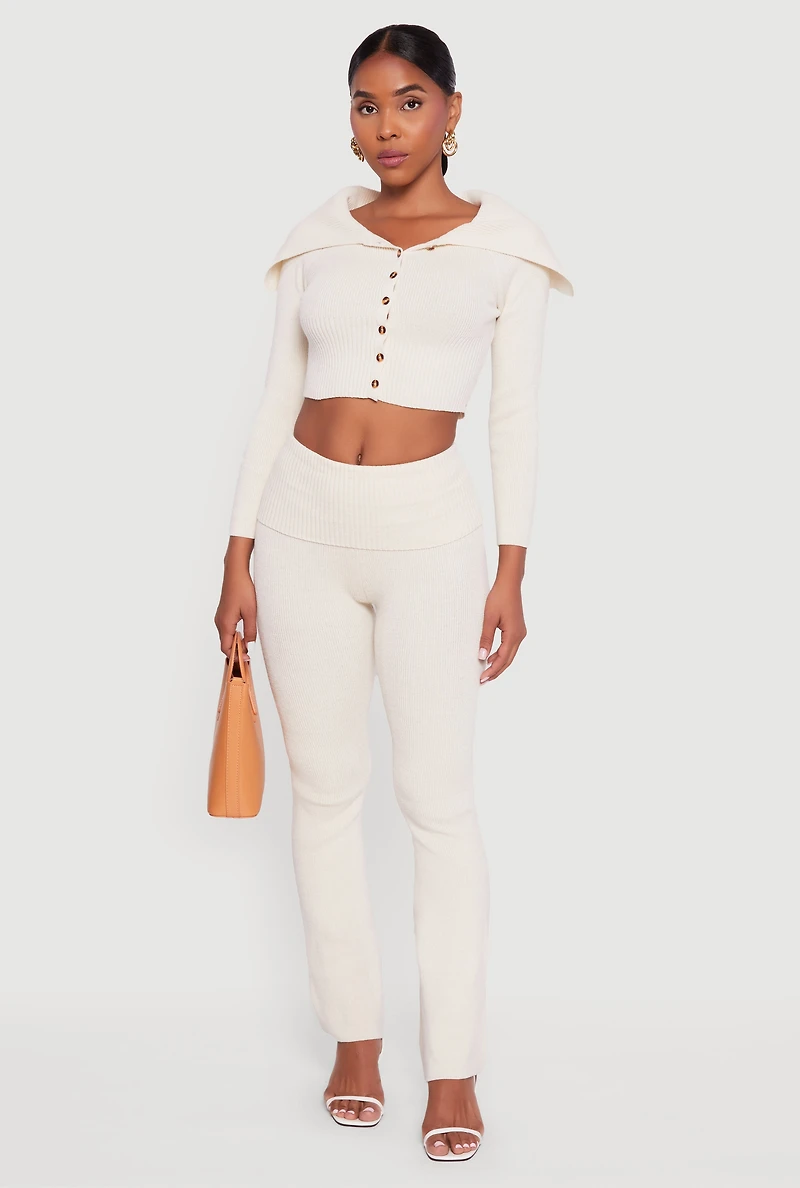 Womens Fold Over Collar Ribbed Knit Button Front Sweater, Beige,