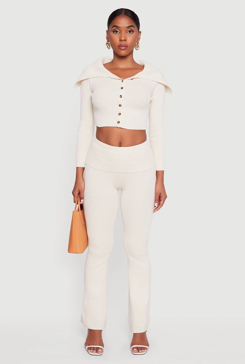 Womens Fold Over Collar Ribbed Knit Button Front Sweater, Beige,