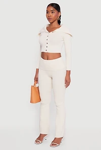 Womens Fold Over Collar Ribbed Knit Button Front Sweater, Beige,